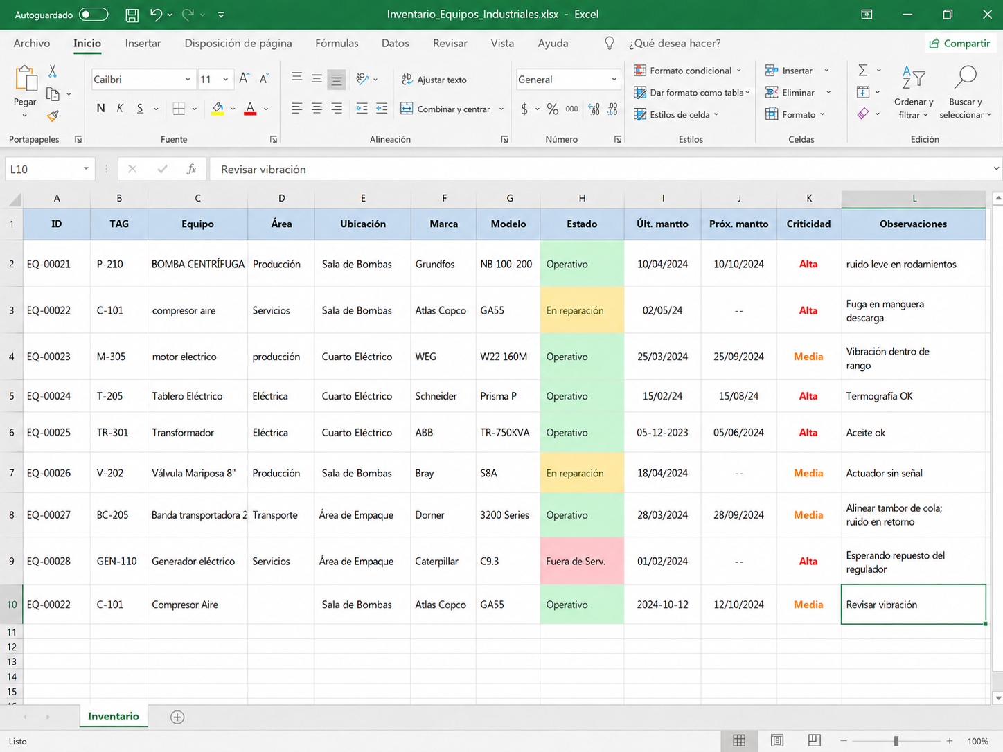 Inventario de equipos en Excel — archivo real del cliente