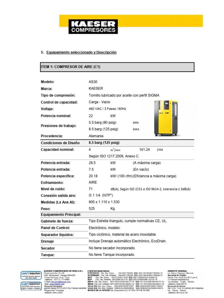 Hoja técnica del compresor Kaeser AS30 — documento OEM real