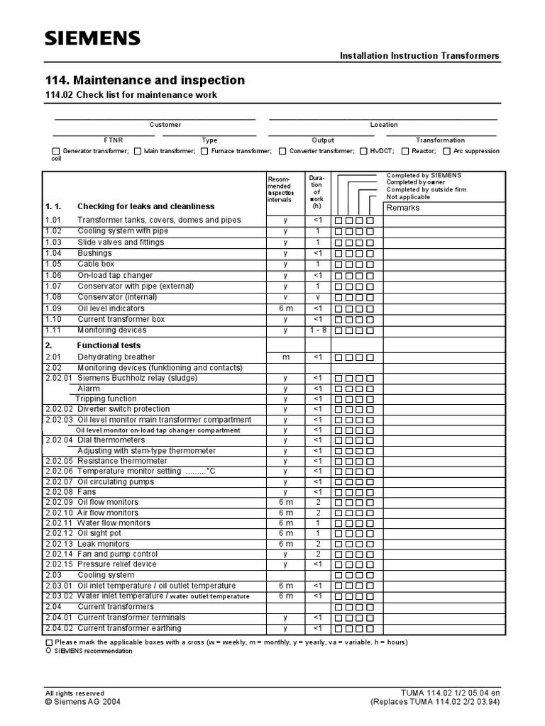 Checklist de mantenimiento de transformadores Siemens 114.02 — manual OEM real